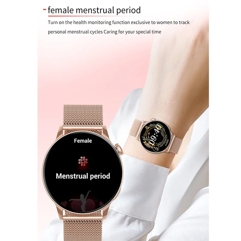 Montre connectée IVANONY pour femme, Bluetooth Appel Étanche IP68 Assistant Vocal 1.3 pouces Ecran Amoled Moniteur De Santé, suivi activité Fitness