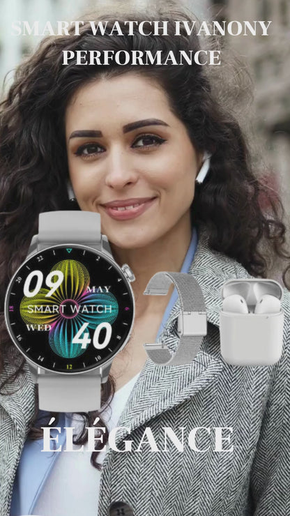 Montre connectée IVANONY pour femme, Bluetooth Appel Étanche IP68 Assistant Vocal 1.3 pouces Ecran Amoled Moniteur De Santé, suivi activité Fitness