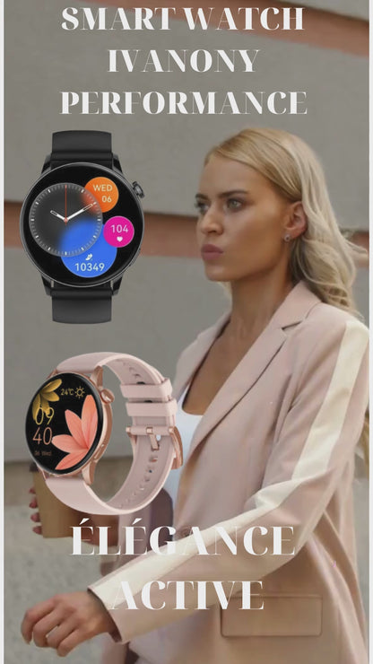 Montre connectée IVANONY pour femme, Bluetooth Appel Étanche IP68 Assistant Vocal 1.3 pouces Ecran Amoled Moniteur De Santé, suivi activité Fitness